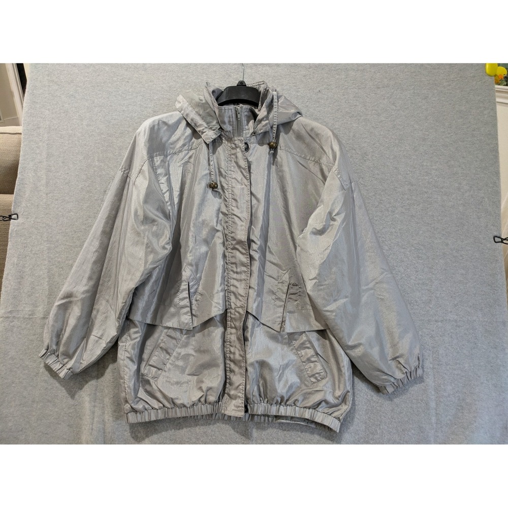 Neyelle 80s Windbreaker Jacket M Gray Nylon Hooded Retro Vintage Y2K‎ Full Zip